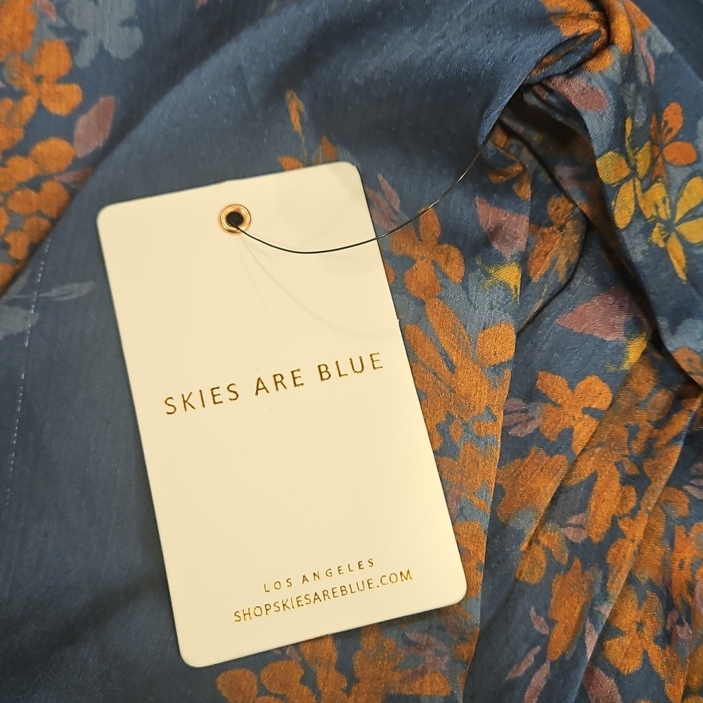 💕SKIES ARE BLUE💕Long-Sleeve Button-Down Blouse ~ Teal Mustard Print  NWT - Picture 13 of 14